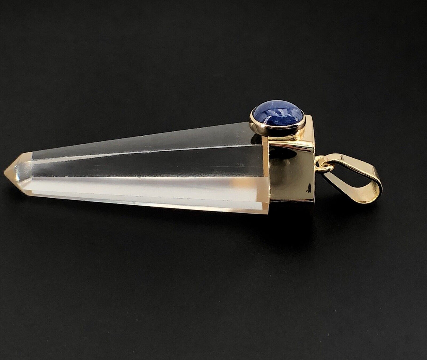 Unique 14k Gold Natural Quartz Point & Sapphire Pendant, 2.4", New