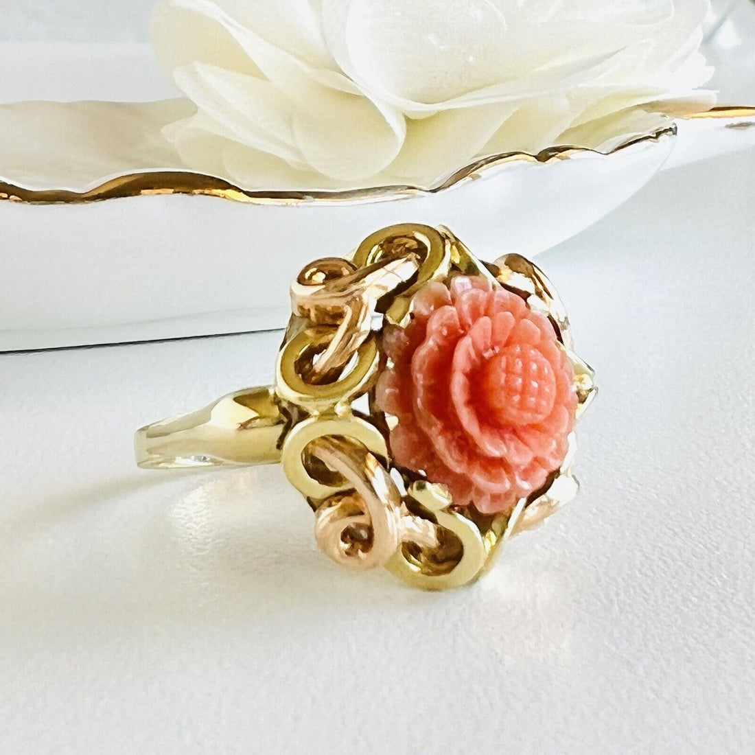 Antique Untreated Red/Orange Coral Rose Carving  Solid 14k Gold Ring, Size 8