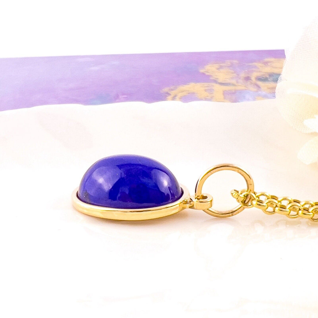 Natural Lapis Lazuli 14k Yellow Gold Oval Pendant, Unisex, Handcrafted