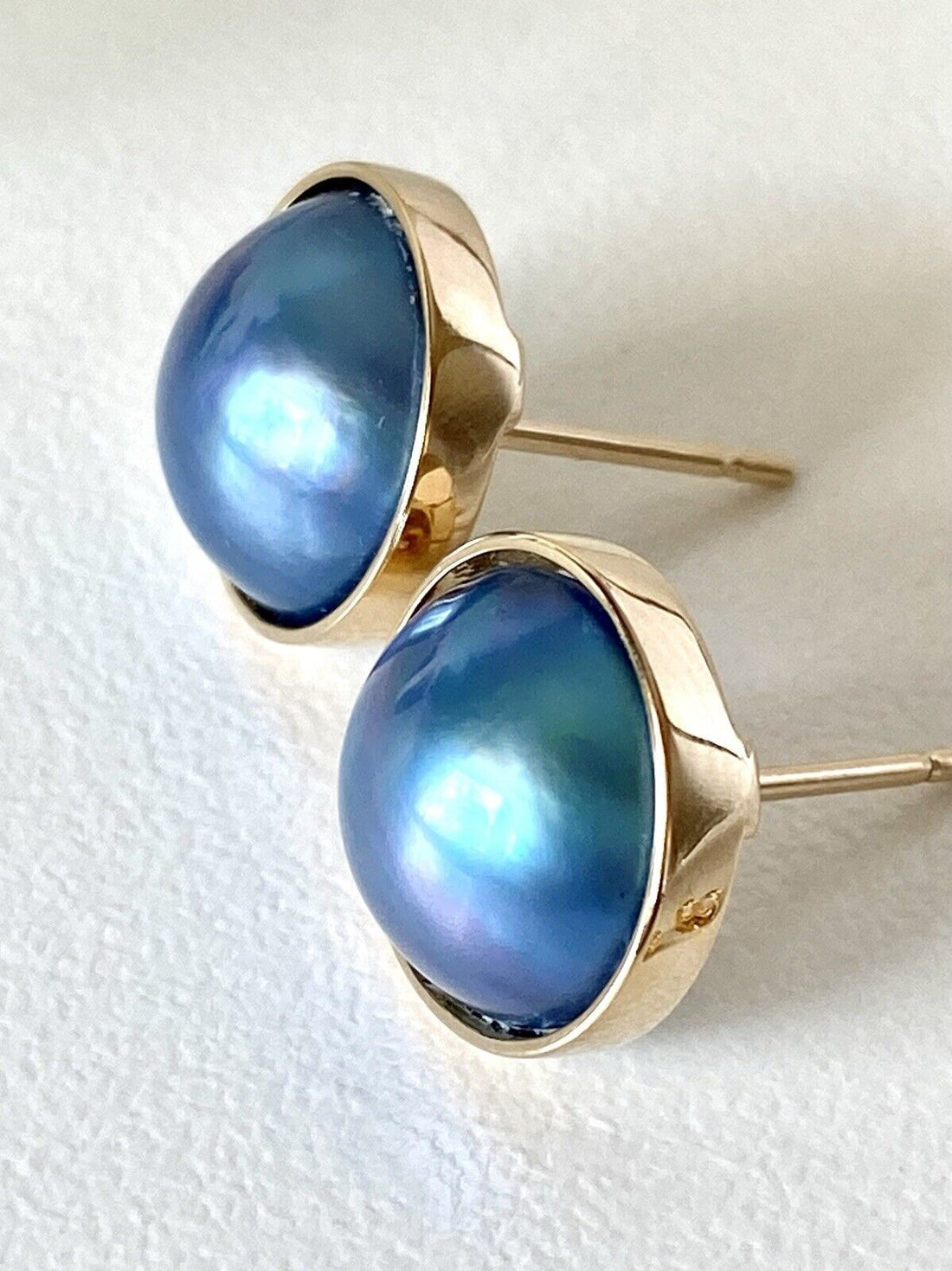 Genuine Blue/Gray Mabe Pearl (11.25mm) Solid 14K Yellow Gold Stud Earrings, New