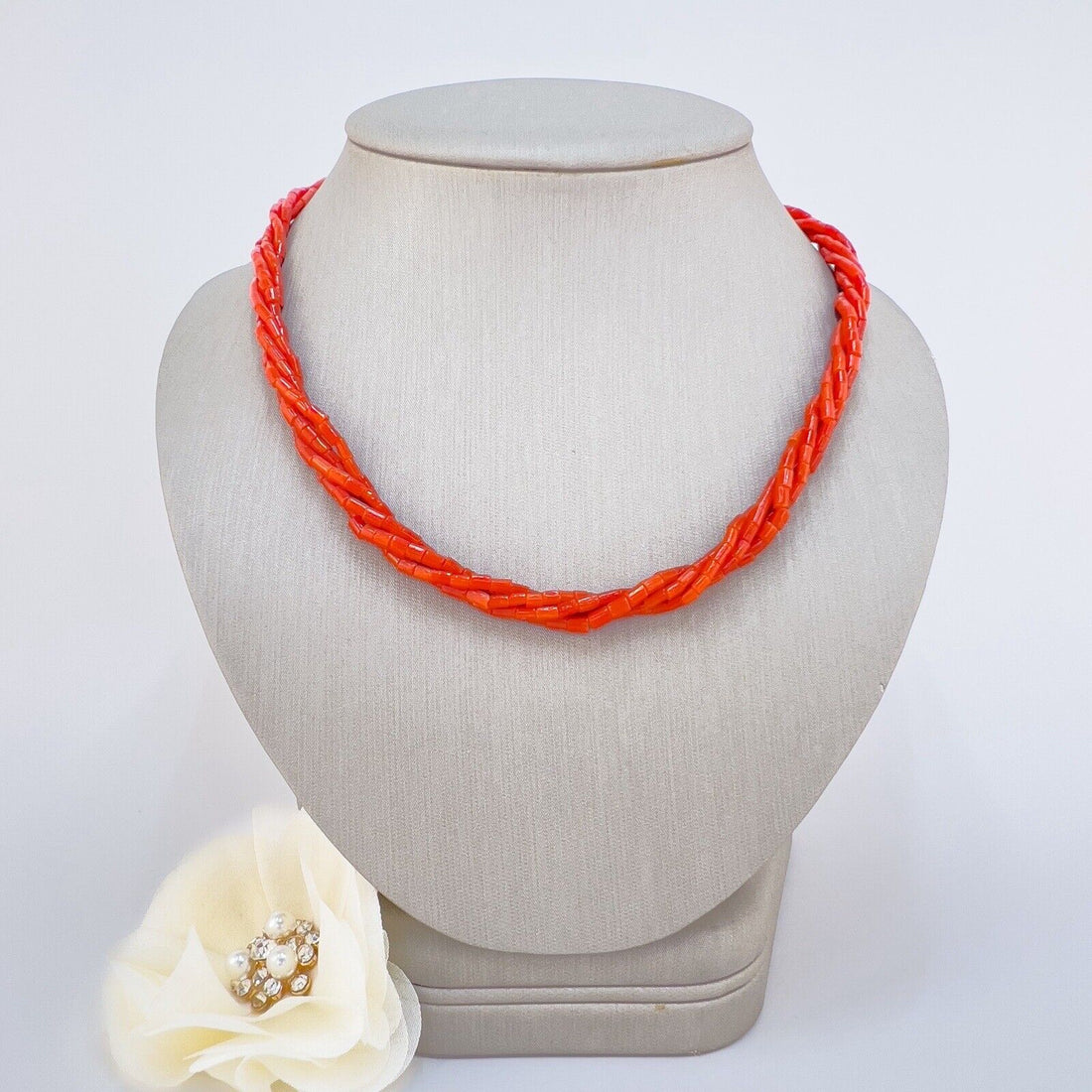 Natural Mediterranean Red Coral Multi-Strand 14K Yellow Gold Necklace, New 17.7"