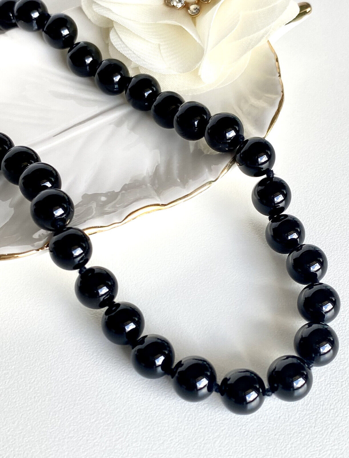 Genuine 10mm Black Onyx Knotted Endless Necklace, New, 32"