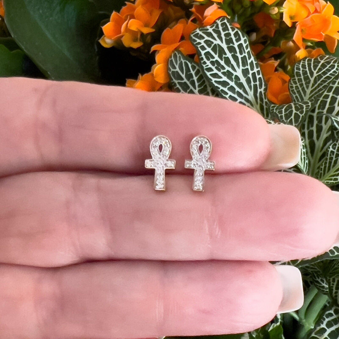 14k Yellow Gold Diamond Ankh Stud Screw-Back Earrings, New