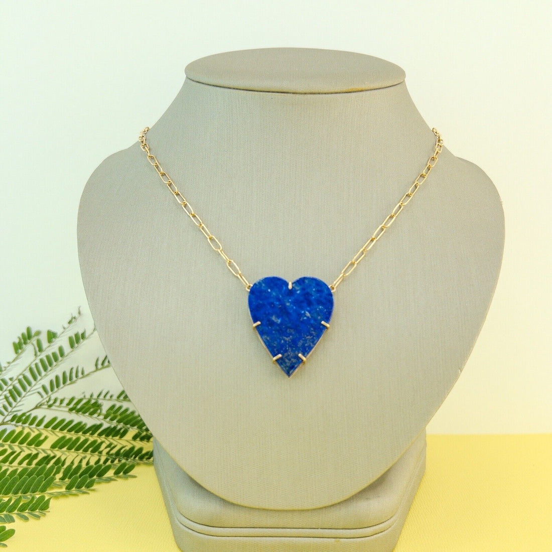 14k Yellow Gold Natural Lapis Lazuli Heart Pendant Paperclip Necklace 17.75"