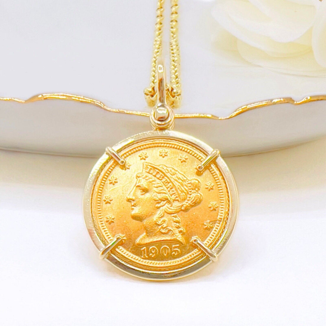 Genuine 1905 US Liberty Head 2.5 Dollar Quarter Eagle Coin With 14k Gold Pendant