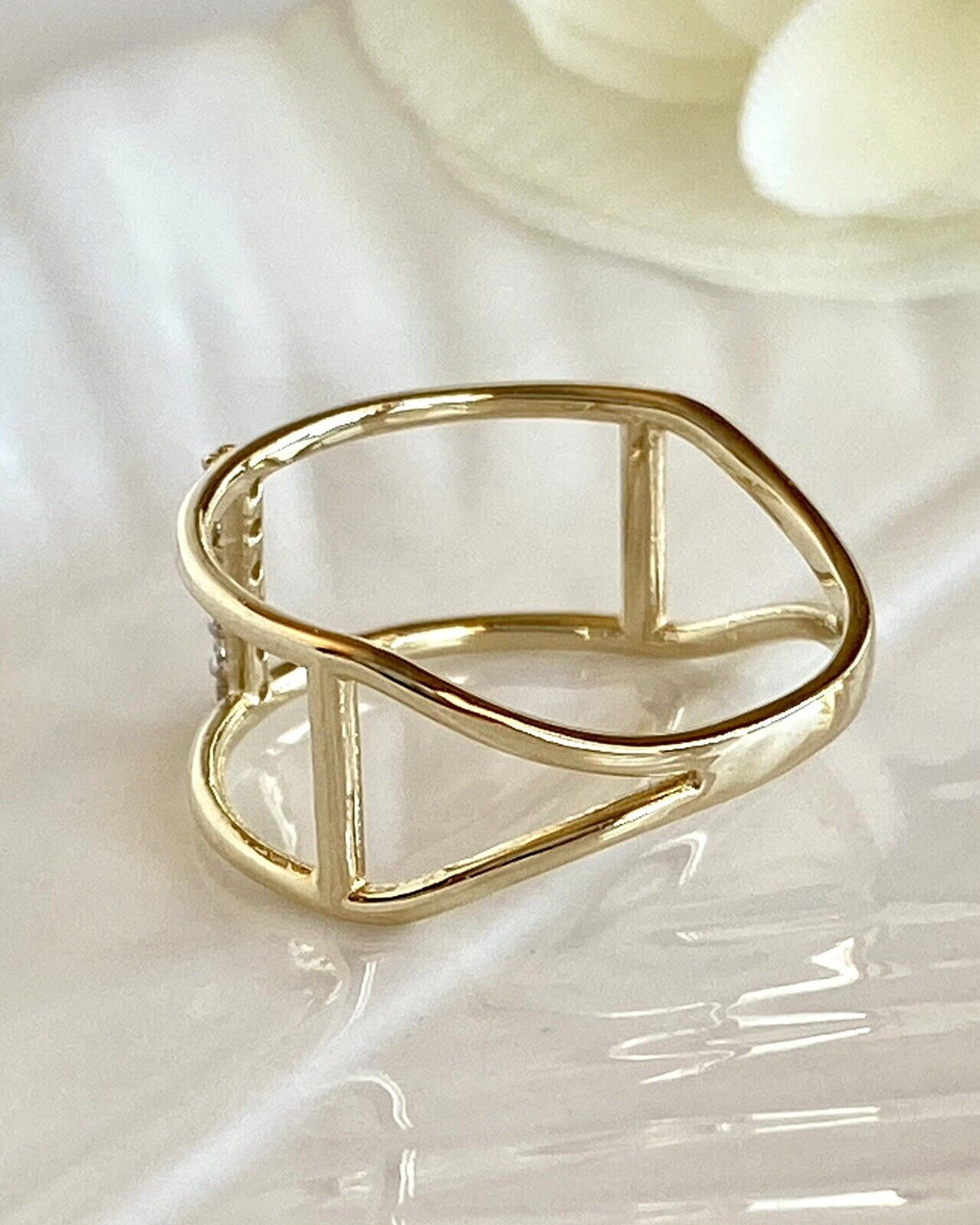 Solid 14k Yellow Gold & Cubic Zirconia Double Bar Ring New, Sz 6.5