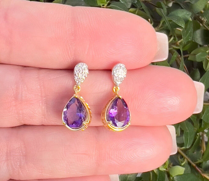 Genuine Amethyst & Diamond Solid 10k Yellow Gold Dangle/Drop Earrings