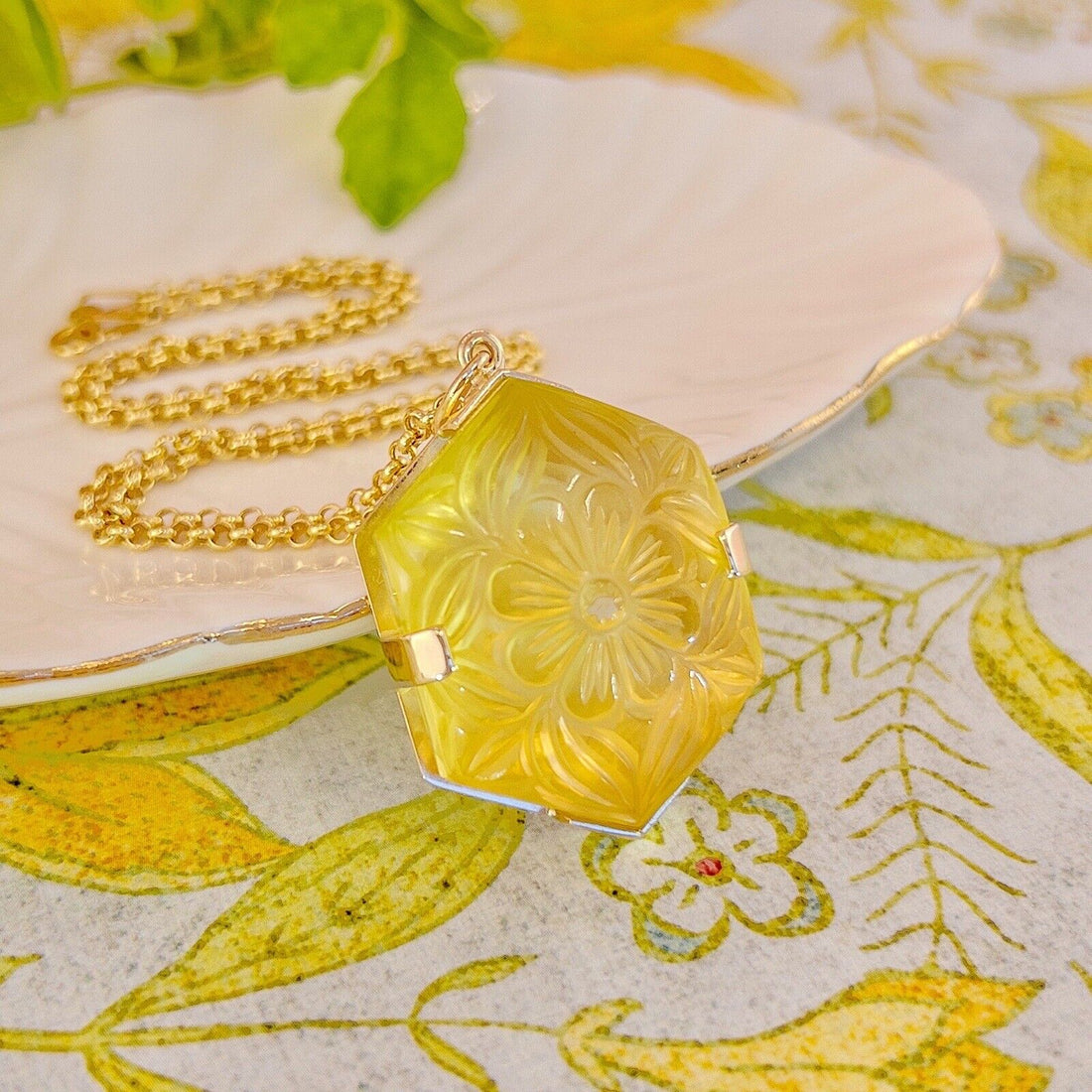 14k Yellow Gold Unique Hexagon Yellow Citrine Flower Carved Statement Pendant, N