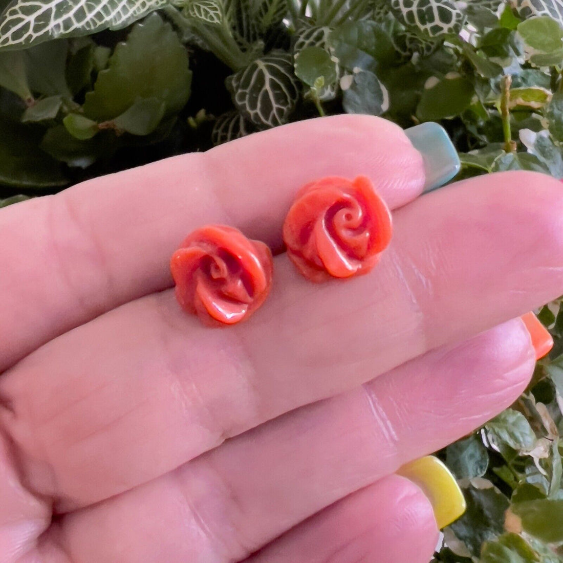 14k Yellow Gold Genuine Italian Red Coral Roses Stud Earrings, Newly Handcrafted