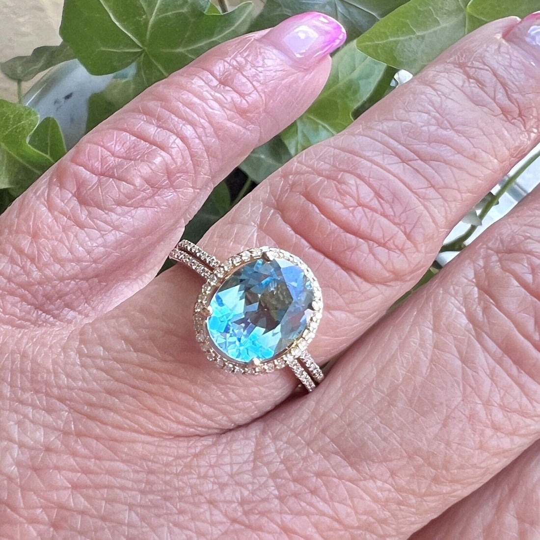 Solid 10k Yellow Gold Genuine Swiss Blue Topaz & Diamond Halo Ring, Size 7 New