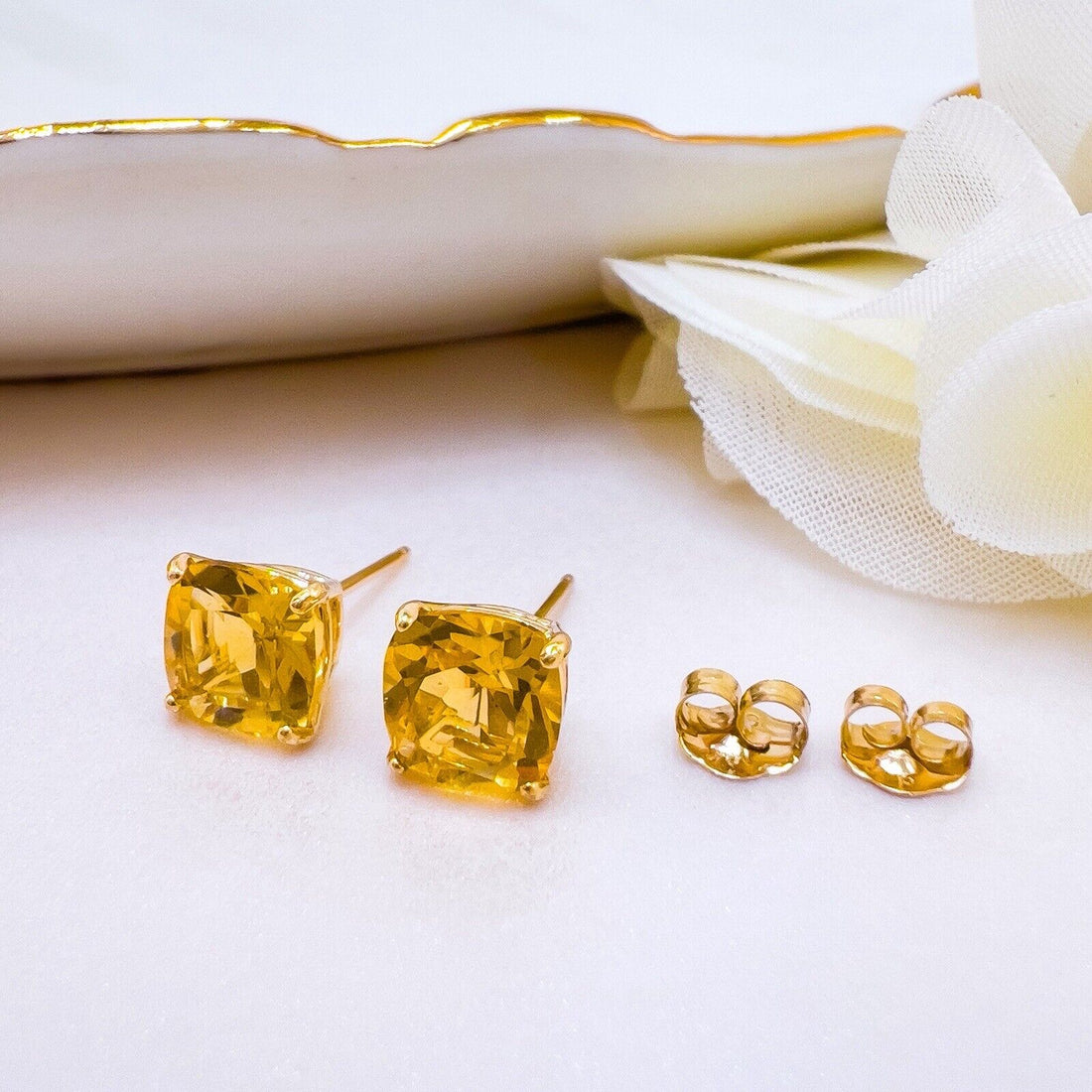 Solid 10k Yellow Gold Genuine Citrine 6mm Stud Earrings, New