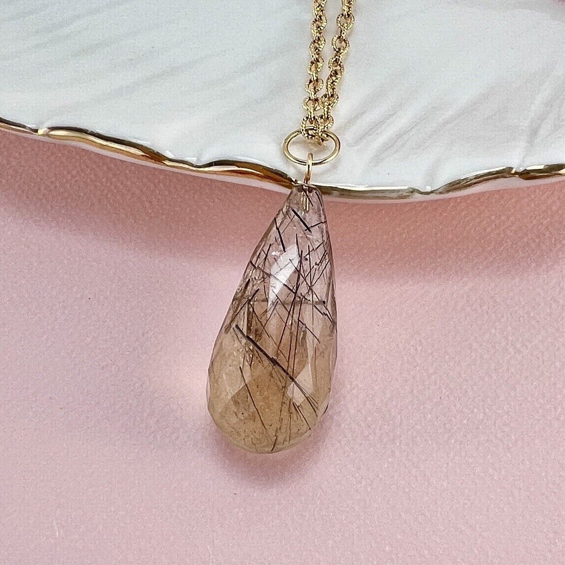 Solid 14k Yellow Gold Tourmalinated Smoky Quartz Briolette/Drop Pendant, New