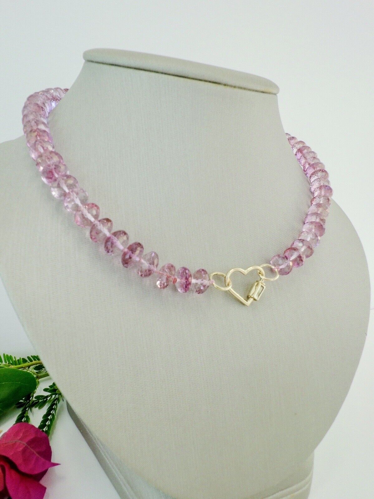 Solid 14k Yellow Gold Heart Clasp & Pink Topaz Necklace, New 17"