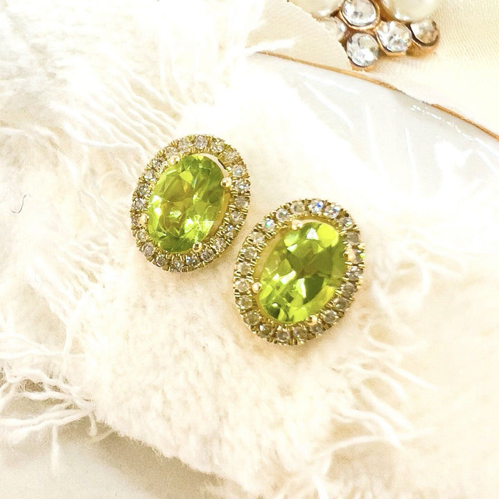 10k Yellow Gold Genuine Peridot & Diamond Halo Stud Earrings, New