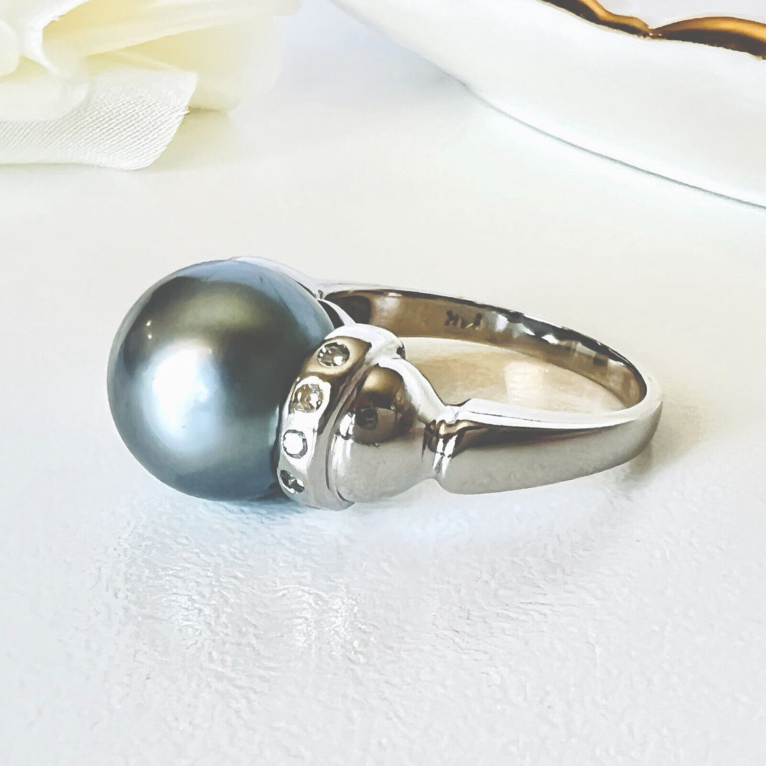 Top-Quality Tahitian Gray Pearl & Diamond Solid 14k White Gold Ring, New Sz. 7.5