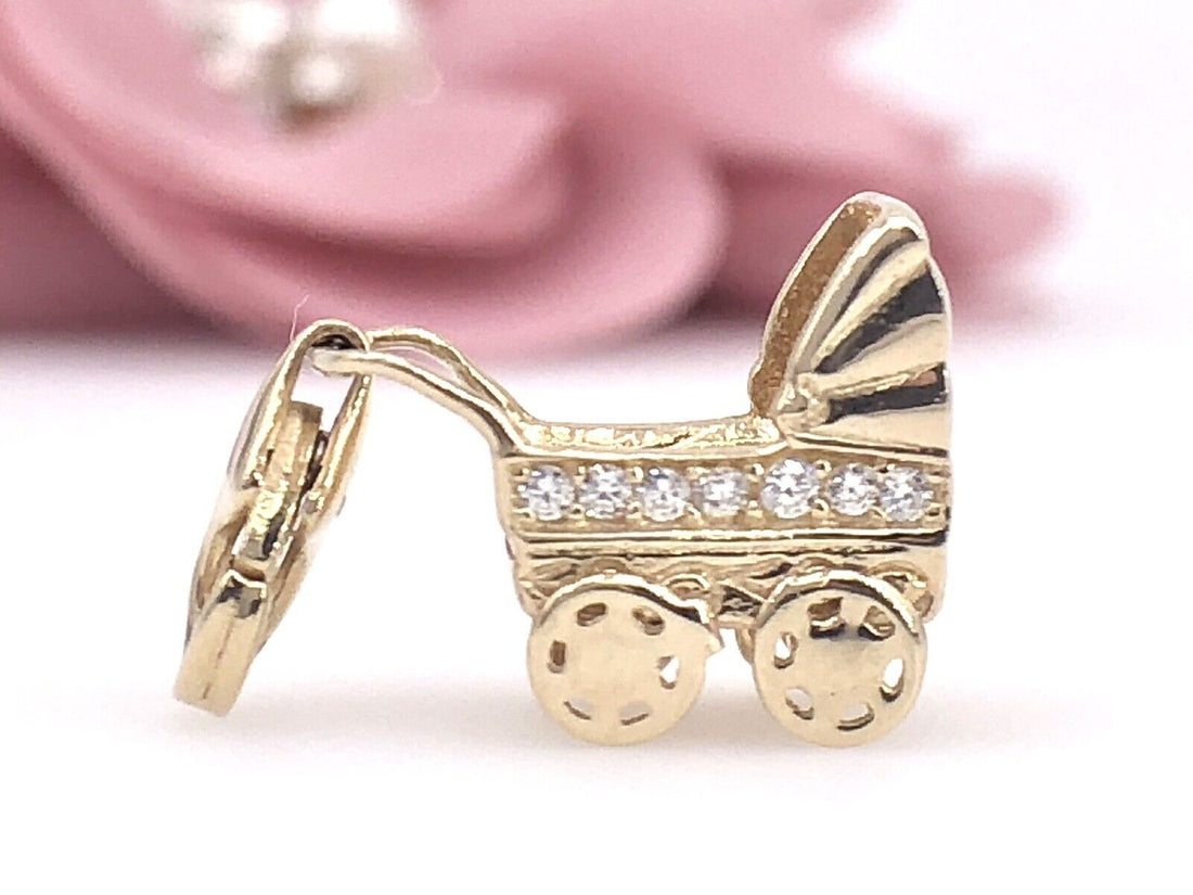 Solid 14K Yellow Gold & Cubic Zirconia 3D Baby Stroller/Carriage Charm, New