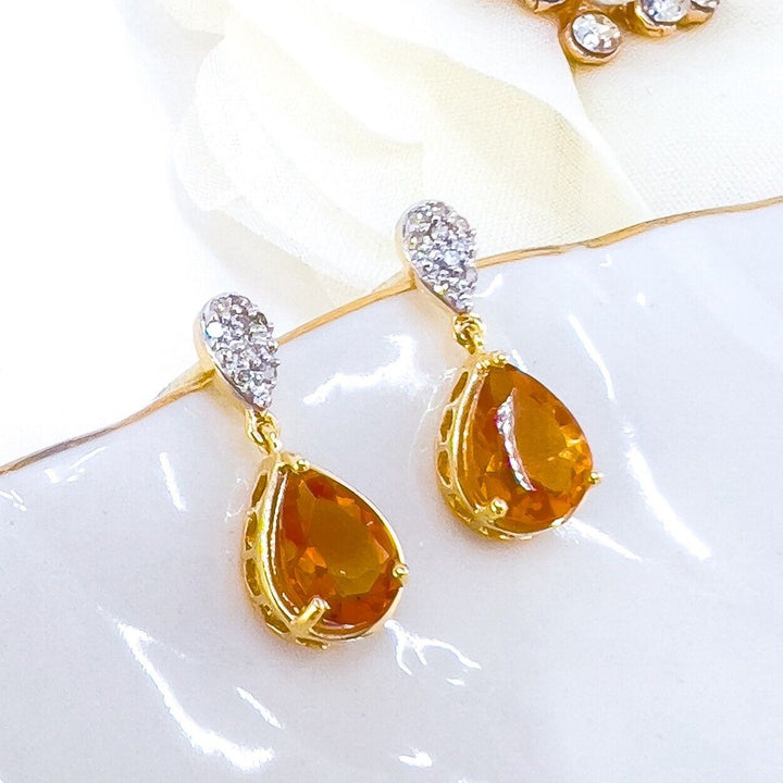 Genuine Citrine & Diamond Solid 10k Yellow Gold Dangle/Drop Earrings