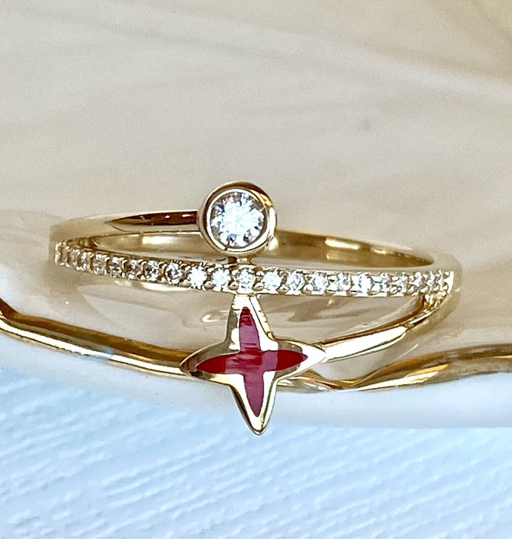 Solid 14k Yellow Gold Red Enamel & Cubic Zirconia Ring New, Size 7