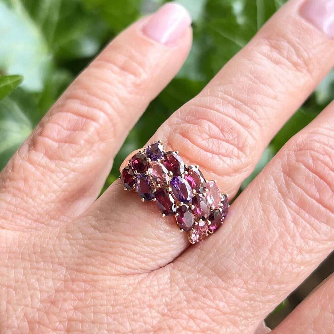 Solid 10k Yellow Gold Amethyst & Tourmaline Cluster Ring, New Size 7