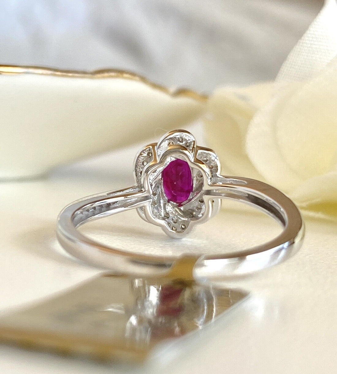 Genuine Ruby & Solid 14k White Gold Swirl Halo Ring, New, Size 7