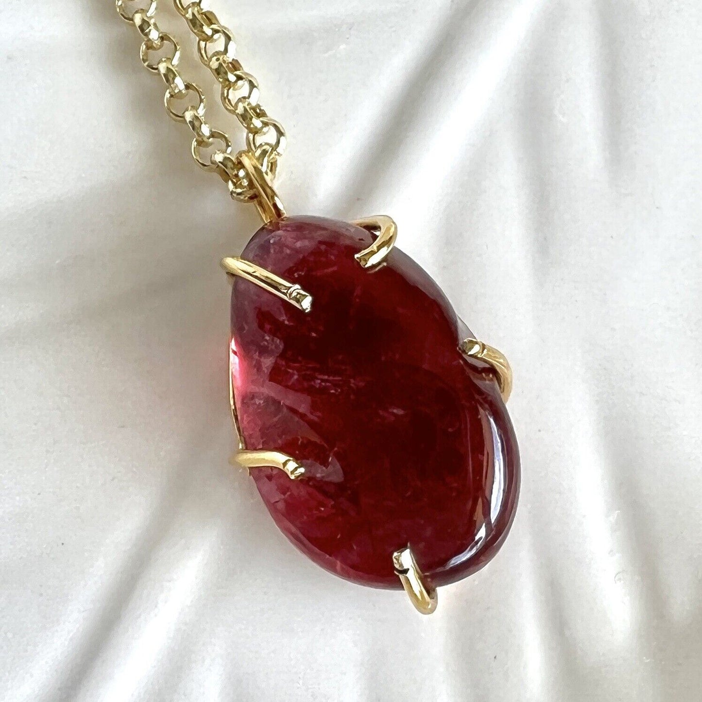 Solid 14k Yellow Gold Natural Smooth Red Tourmaline (16ct) Nugget Pendant, New