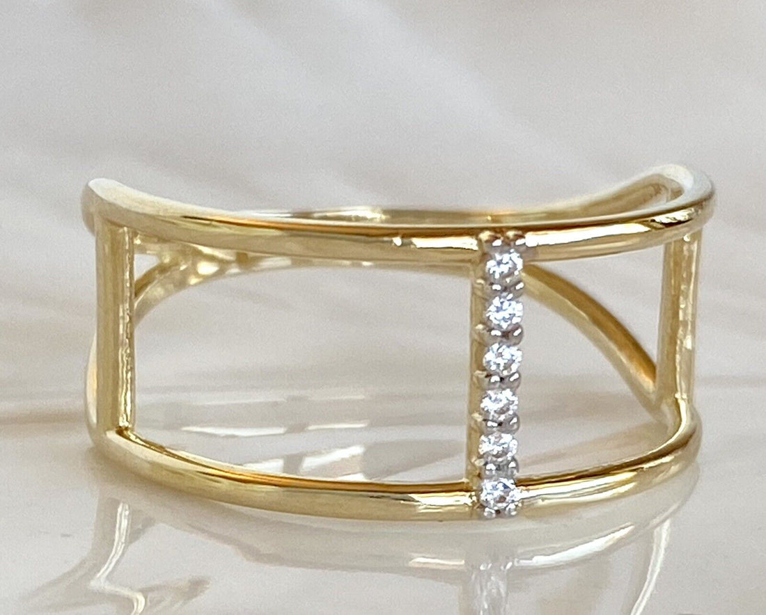 Solid 14k Yellow Gold & Cubic Zirconia Double Bar Ring New, Sz 6.5