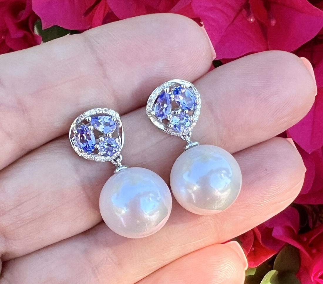 Genuine Tanzanite, Diamond & Pearl Solid 14k White Gold Dangle/Drop Earrings New