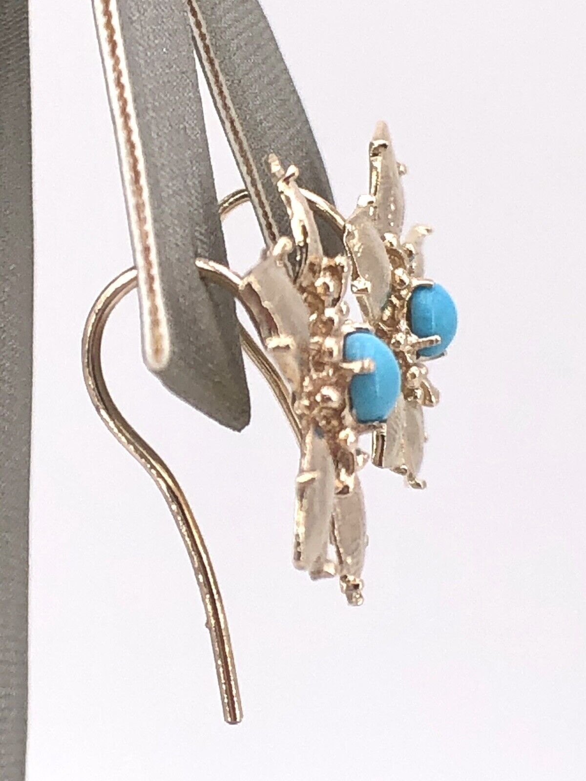 14K Yellow Gold & Sleeping Beauty Turquoise 5 Petal Flower Hook Earrings, New