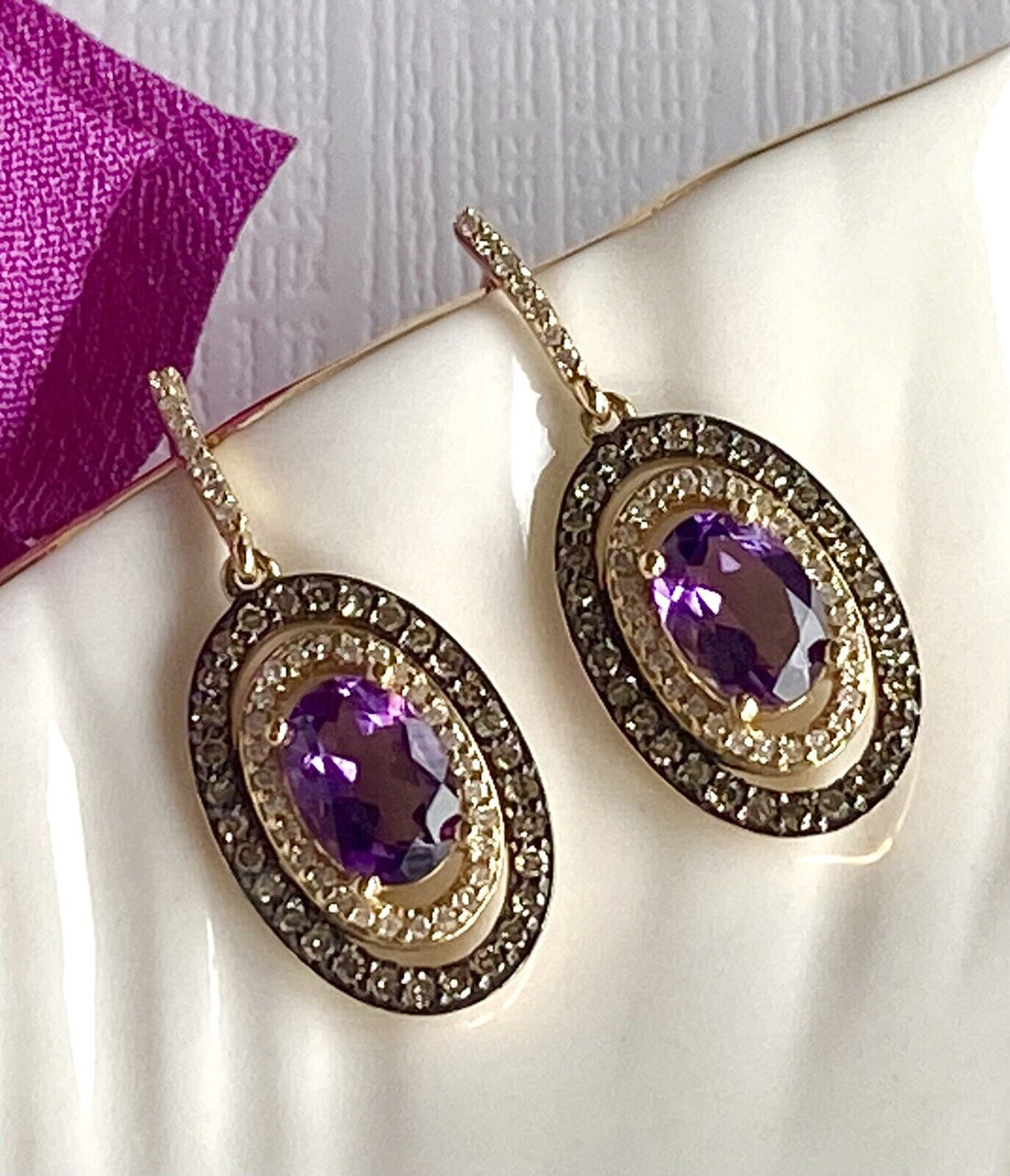 Solid 14k Yellow Gold Genuine Amethyst & Diamond Halo Dangle/Drop Earrings, New