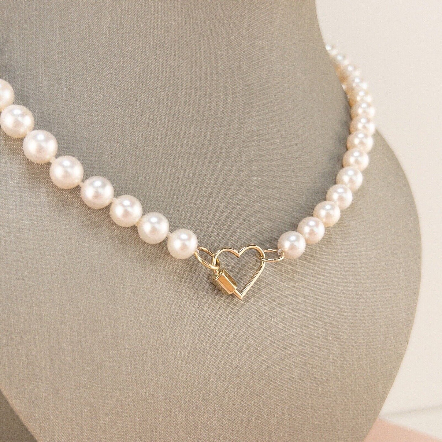 Genuine 7.5-8mm Cultured Pearl Solid 14k Yellow Gold Heart Necklace, New 16.5”