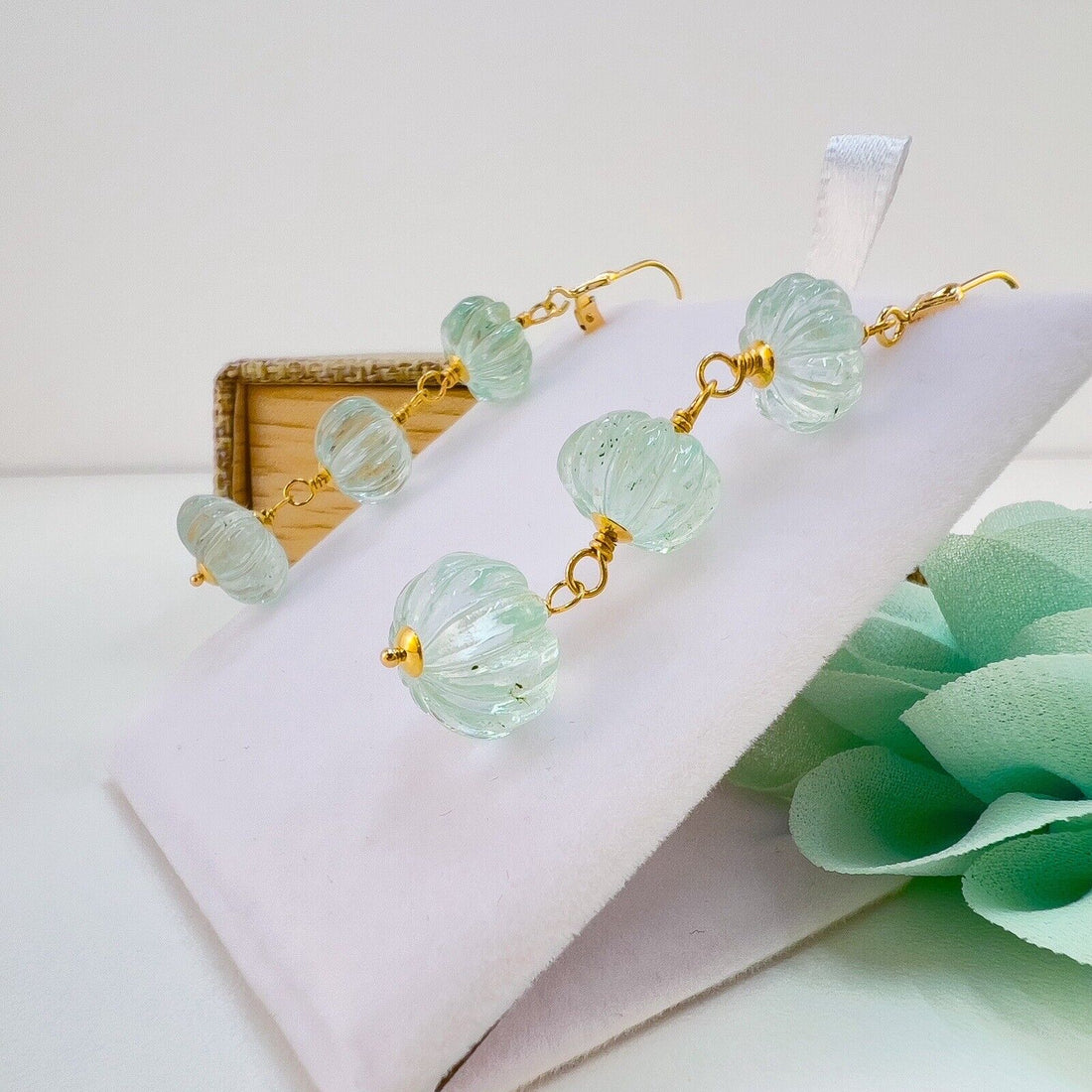 Genuine Aquamarine Fluted Rondelle 14k Yellow Gold Dangle/Drop Earrings, New