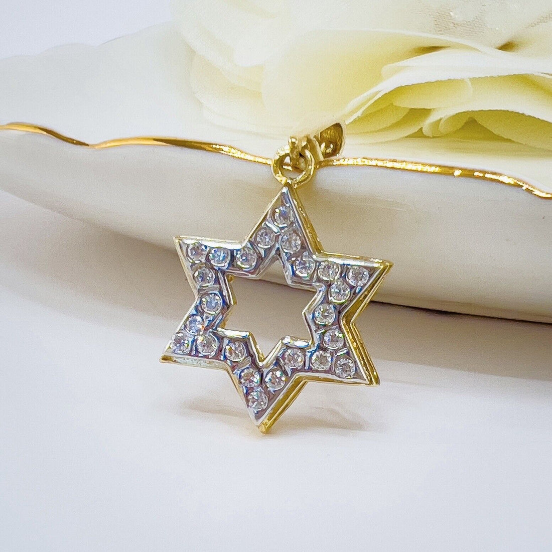 Solid 14k Yellow & White Gold & Cubic Zirconia Accent Star of David Pendant, New