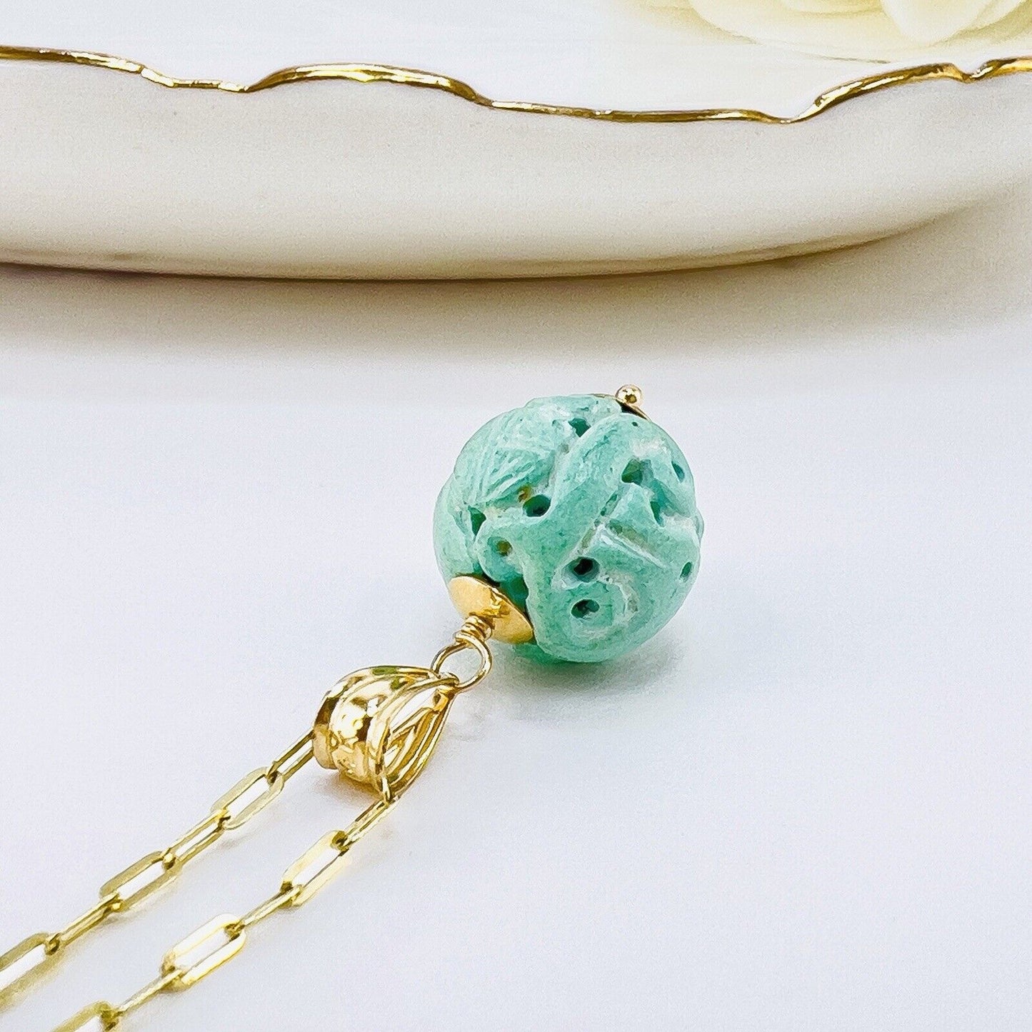 Natural Turquoise "Long Life" Carved 10.5mm 14k Yellow Gold Pendant, New