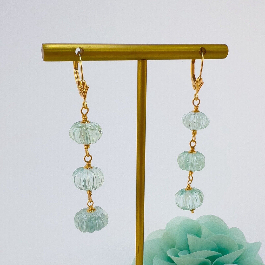 Genuine Aquamarine Fluted Rondelle 14k Yellow Gold Dangle/Drop Earrings, New