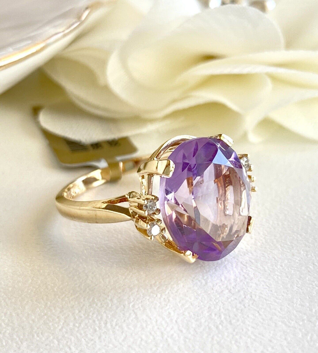 Genuine Amethyst (8.1ct) & Diamond Solid 14k Yellow Gold Ring, New, Size 6