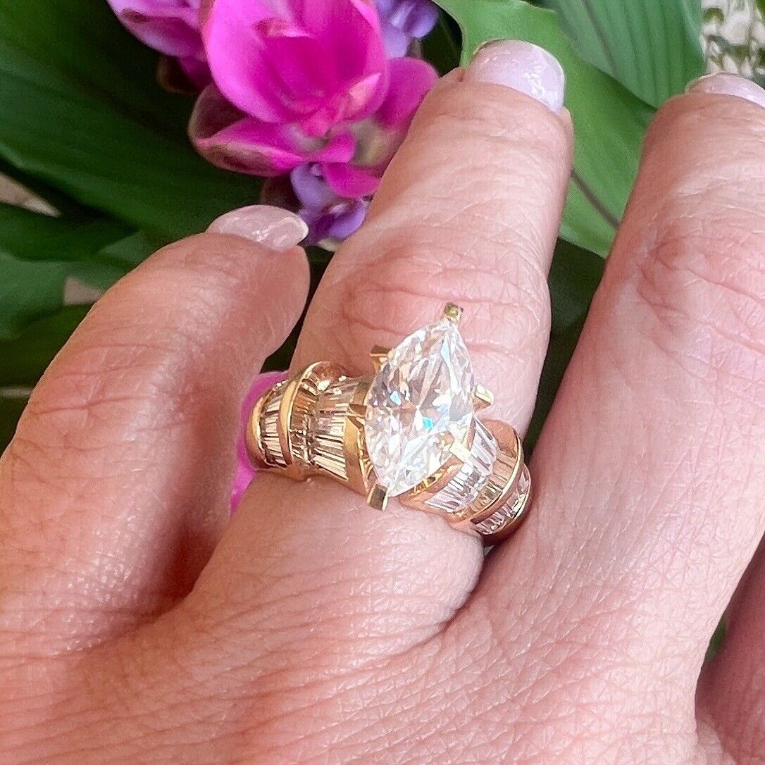 Solid 14k Yellow Gold Cubic Zirconia Cocktail Ring, Vintage Stock, Size 6.5