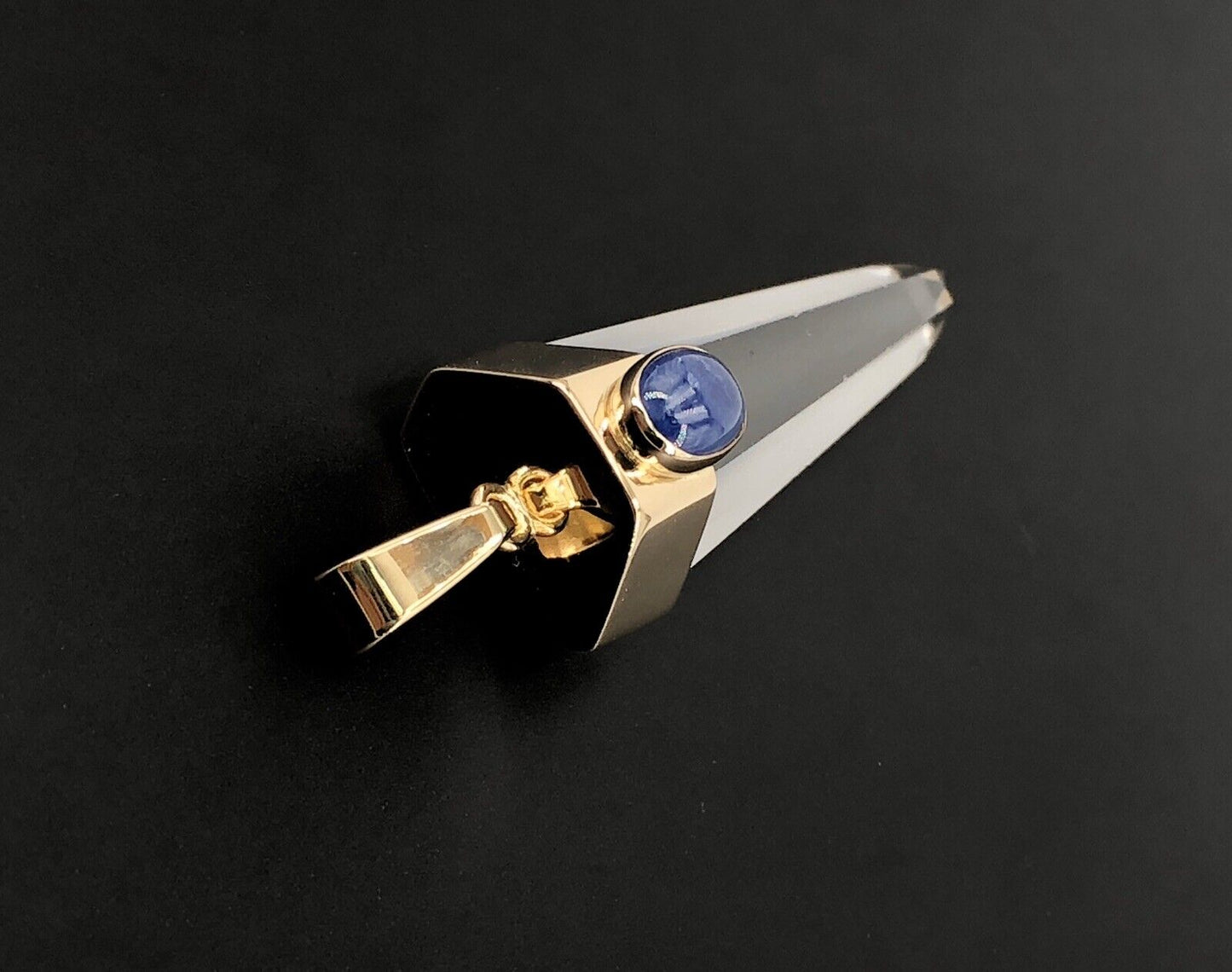 Unique 14k Gold Natural Quartz Point & Sapphire Pendant, 2.4", New