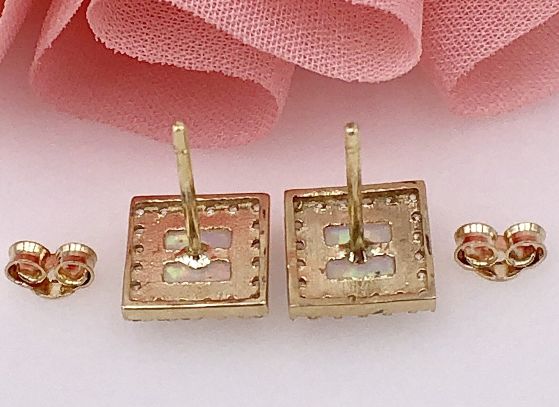 14K Yellow Gold, Opal & CZ Square Stud Earrings, New