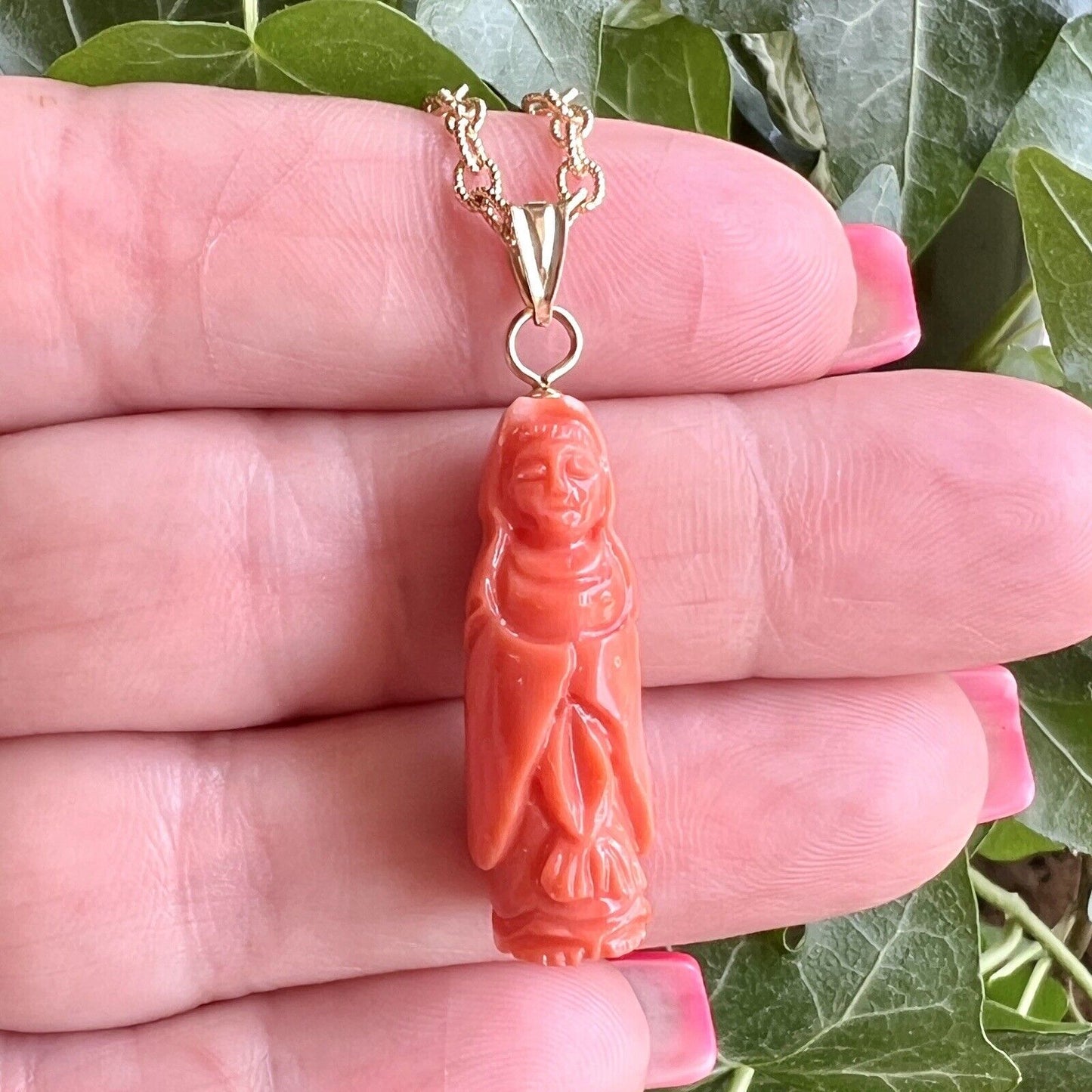 Natural Dark Salmon Guanyin (17ct) Solid 14k Yellow Gold Pedant, New