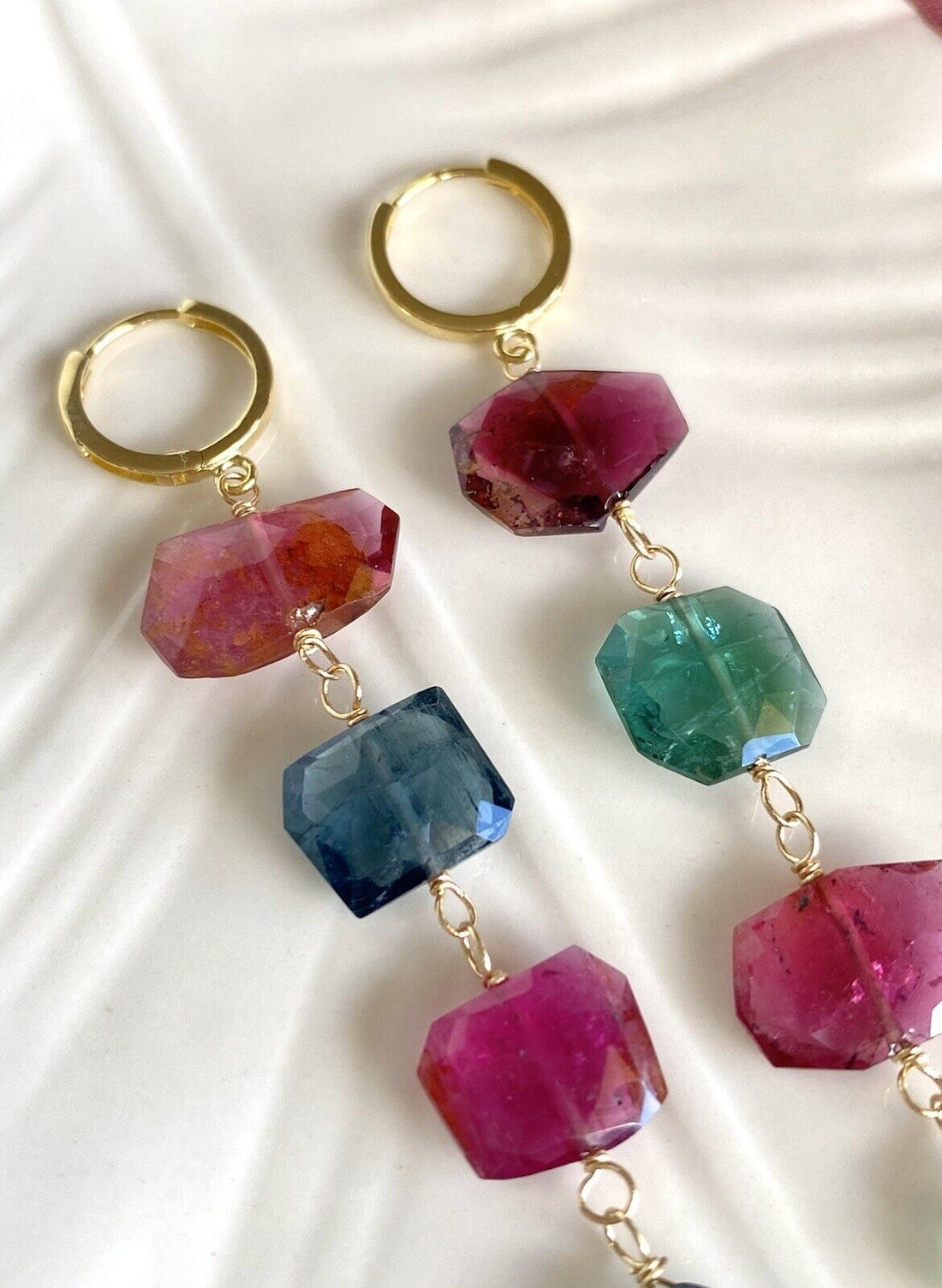 Genuine Tourmaline (21.5ct) & 14k Yellow Gold Dangle Huggie Earrings, New