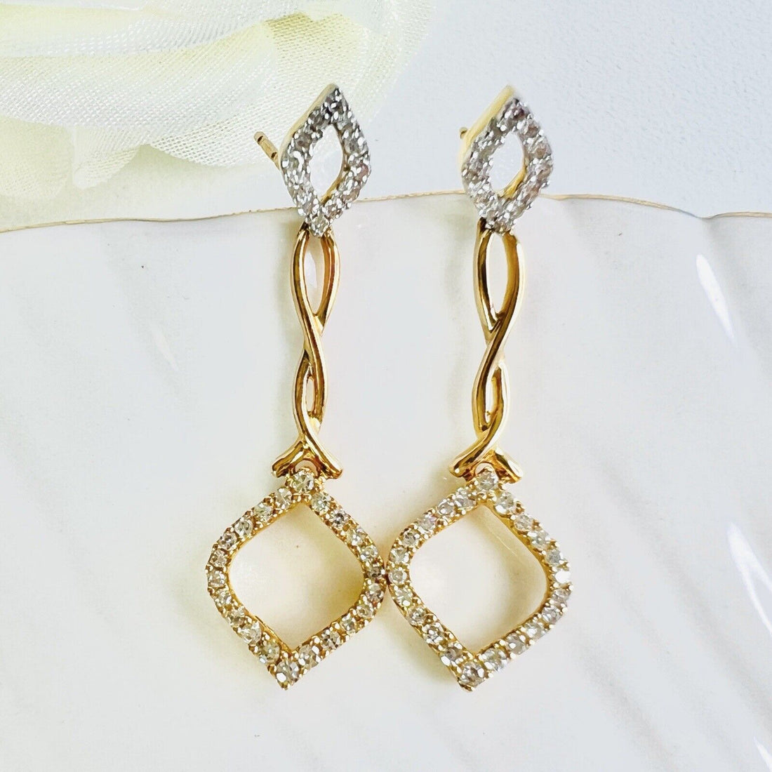 Solid 10k Yellow Gold Genuine Diamond 0.40ct Geometric Dangle Drop Earrings, New