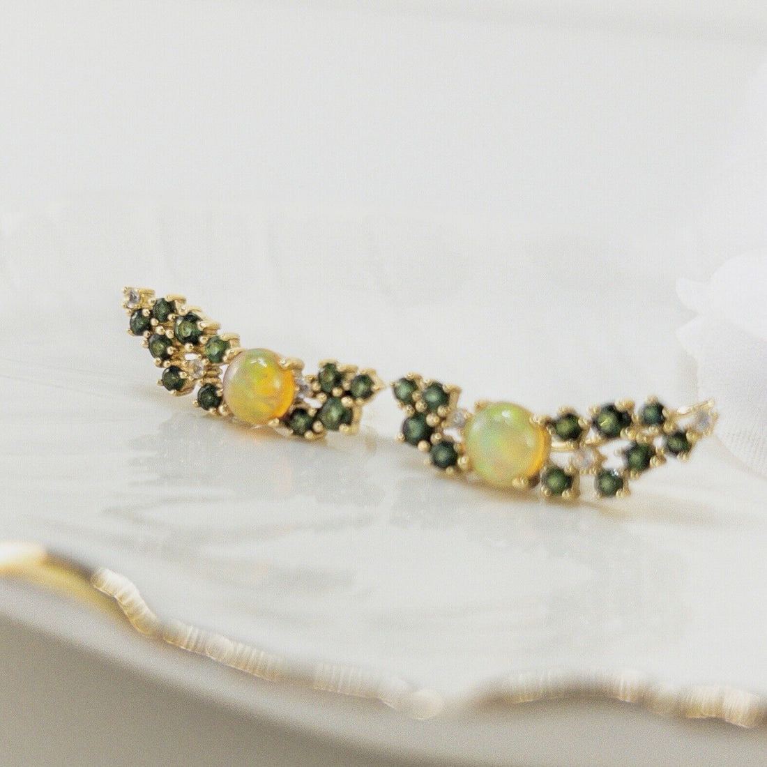 10k Yellow Gold Ethiopian Opal & Chrome Diopside Earrings, New