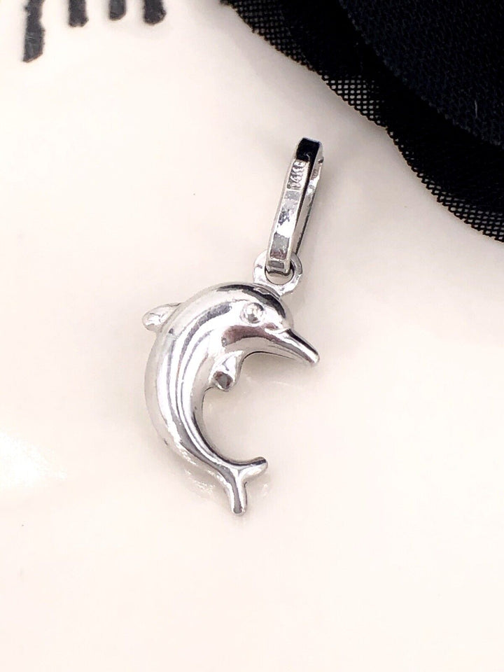 Jumping Dolphin Solid 14K White Gold Puffy 2 Sided Charm/Pendant, New