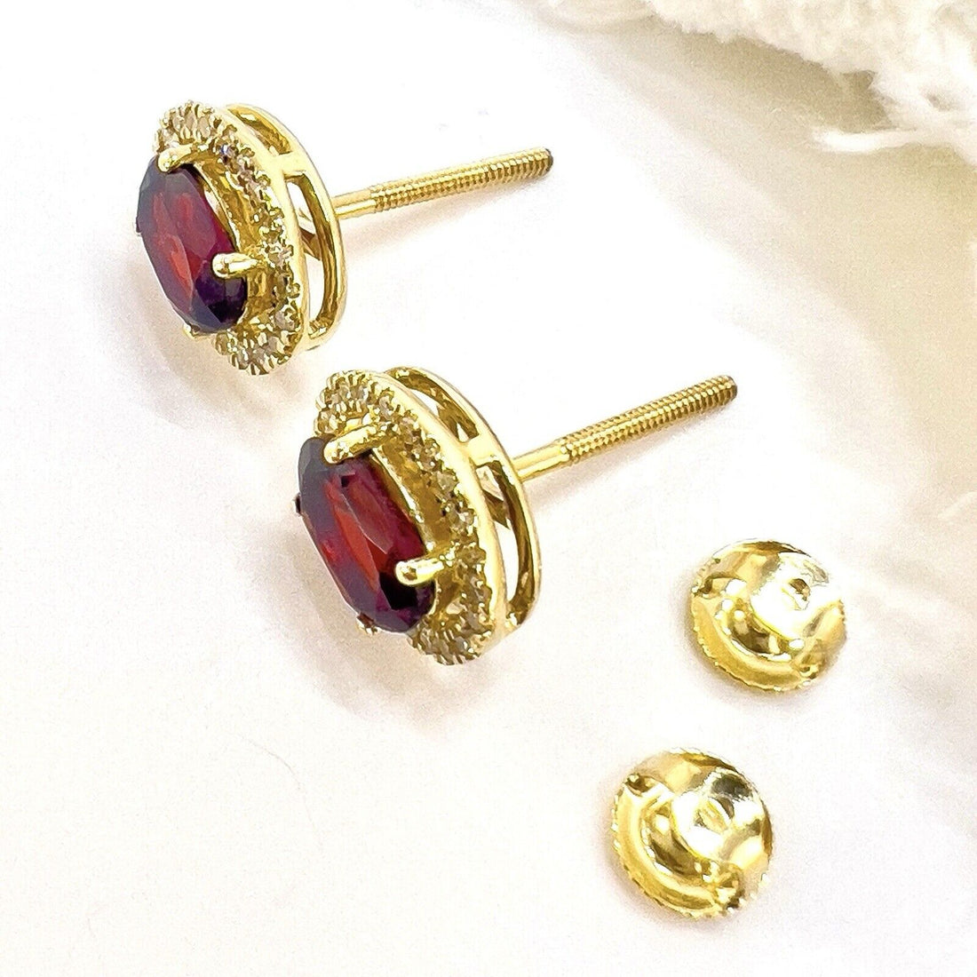 10k Yellow Gold Genuine Garnet & Diamond Halo Stud Earrings, New