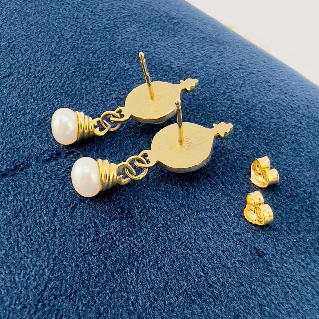 Solid 14k Yellow Gold Genuine Pearl Dangle/Drop Earrings, New 1.14”