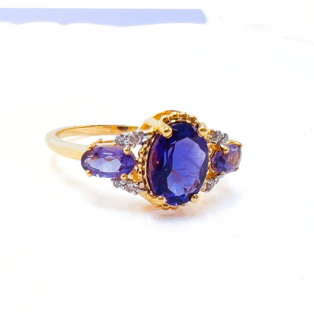 Solid 10k Yellow Gold Genuine Amethyst & Diamond 3-Stone Ring, New Size 7