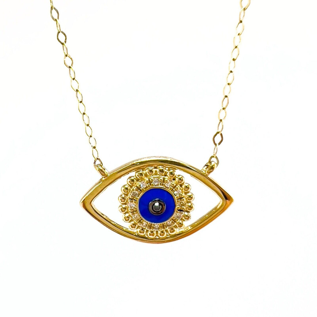 14k Yellow Gold Genuine  Diamond & Enamel Eye Protection Pendant Necklace, 17.5"