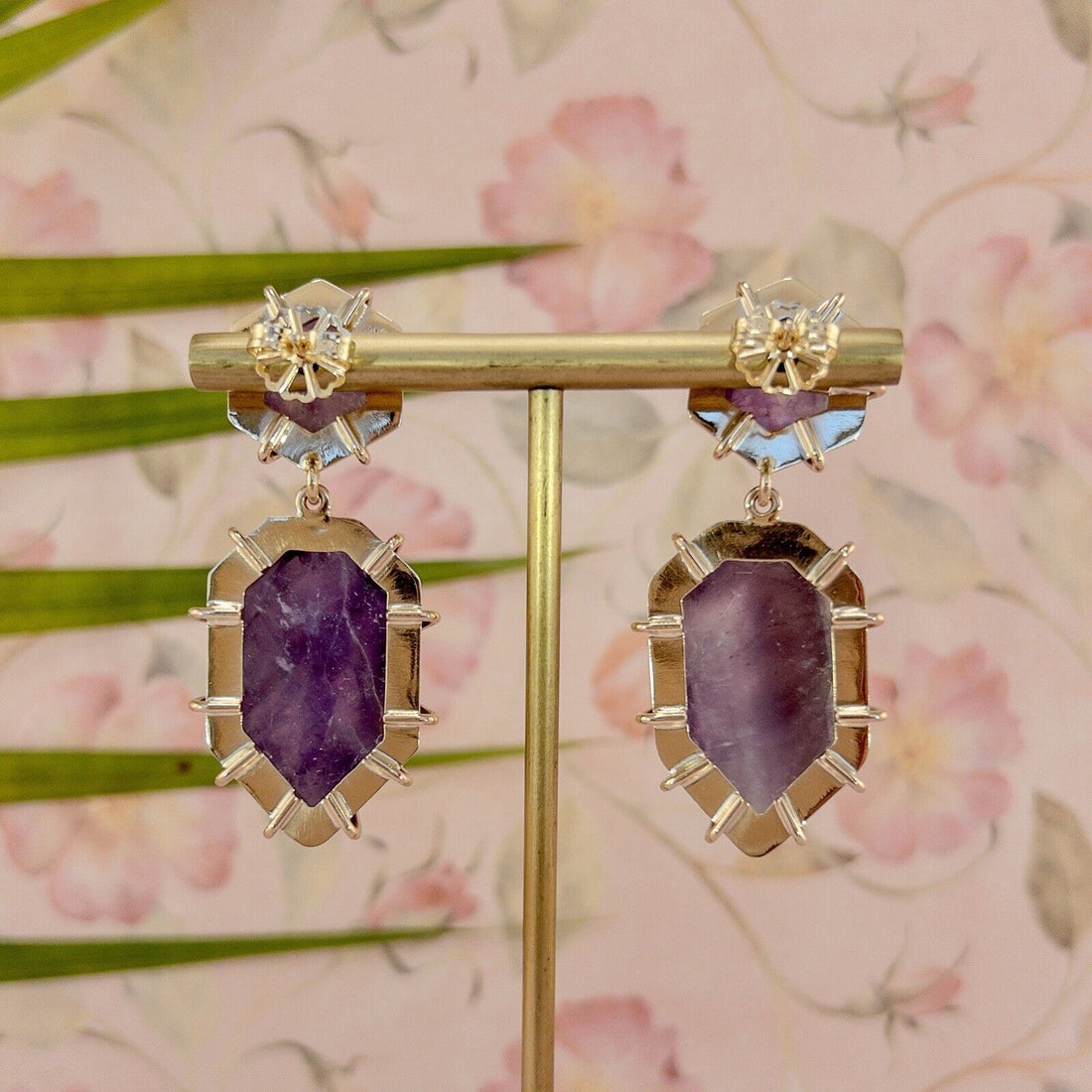 Solid 14k Yellow Gold Genuine Amethyst Modernist Custom Made Dangle Earrings 2”