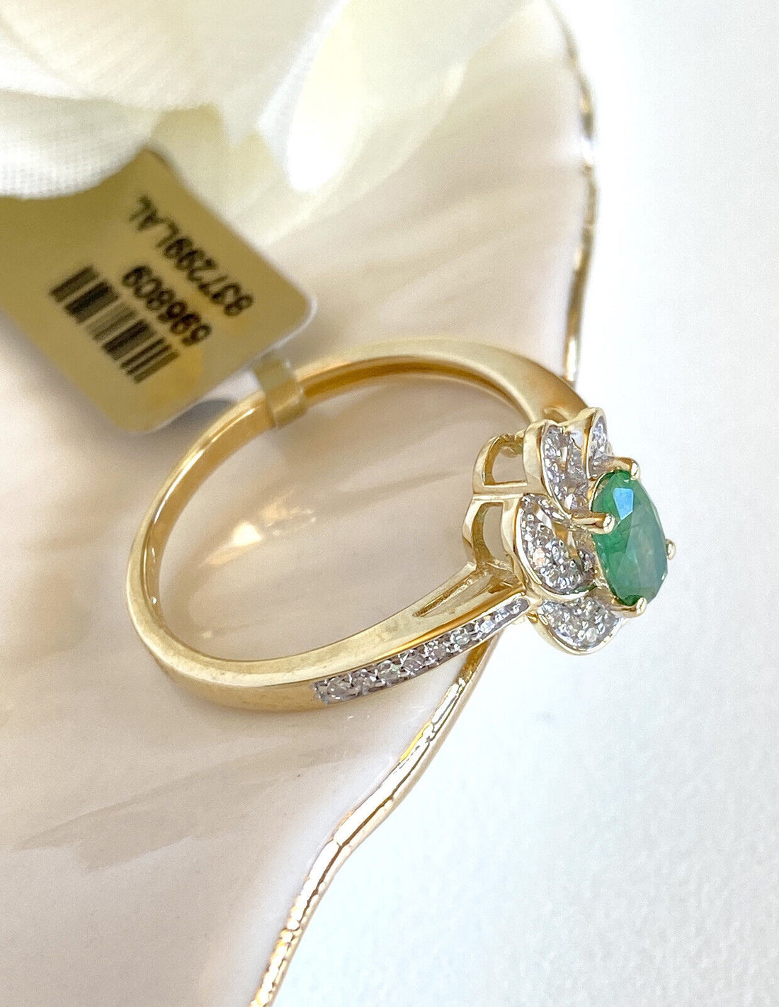 Genuine Emerald & Solid 14k Yellow Gold Swirl Halo Ring, New, Size 7