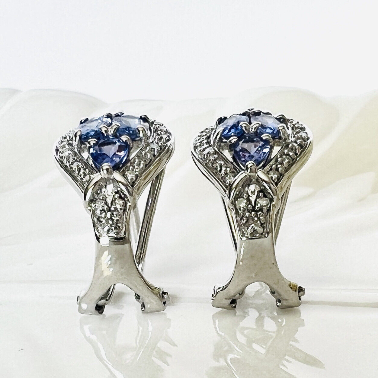 Solid 14k White Gold Genuine Tanzanite & Diamond Post/Omega Clip Earrings, New